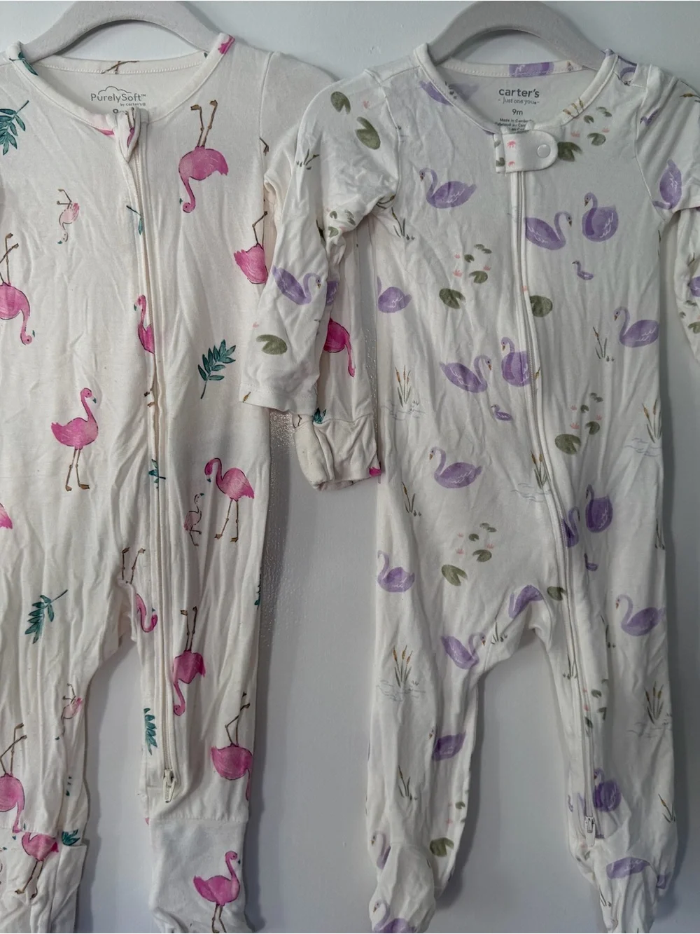 Carter's Flamingo One-Piece and Lavender swan one piece pajamas size 9m